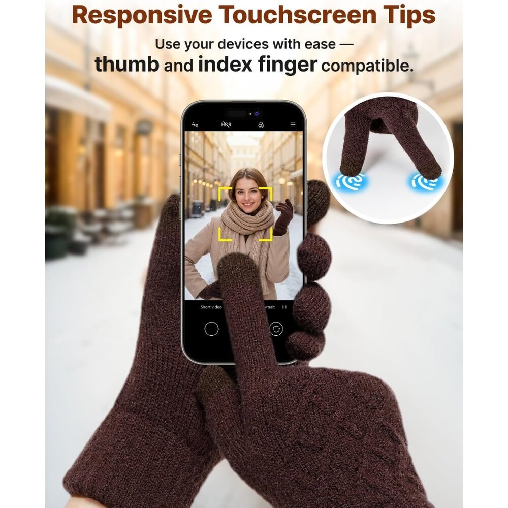 Women's Brown Wool Lining Cuffs Windproof Winter Warm Knit Cold Weather Gloves - Picture 4 of 6